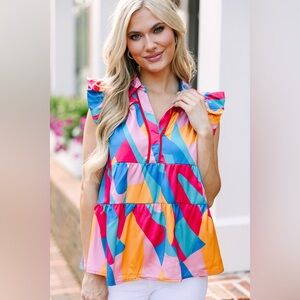 Abstract Colorful Geometric Ruffle Sleeve Top L Large Umgee